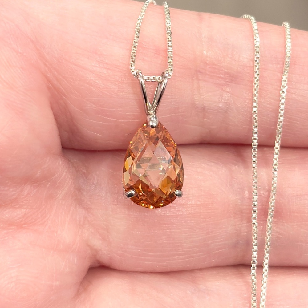 14K Citrine Teardrop Pendant, White Gold, Rose Pear Cut, Yellow Orange Cognac - Picture 6 of 16